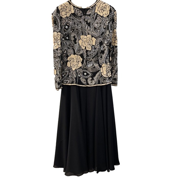 Vintage 90s Black Tie Gown Women's 6 Black Ivory Sequin Beaded Chiffon Formal - Picture 6 of 10